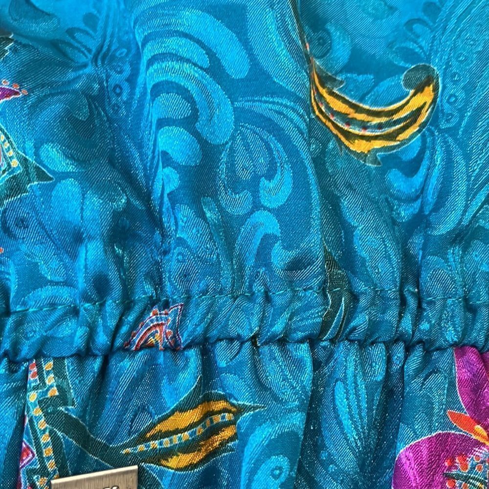 Vintage 70’s Lord&Taylor paisley print teal dress w/shoulder pads,elastic waist. - Picture 9 of 14